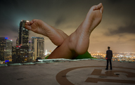collage feet city mega toes barefoot buildings unknown_artist suit clouds night lights rooftop helipad
