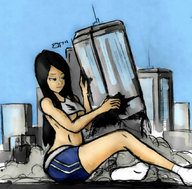 drawing giantess city black_hair color long_hair destruction rampage smiling socks underboob shorts smoke holding_building colonel-gabbo blue_shorts pulling_down