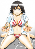 drawing gentle giantess black_hair color swimsuit blue_eyes handheld cleavage anime sitting parking_lot looking_at_viewer hoodie debris bikuta