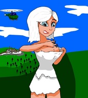 breasts drawing growth giantess white_hair mega color large_breasts destruction blue_eyes handheld cleavage helicopter susan ginormica short_hair wedding_dress grass sky bride monsters_vs_aliens church ripped_clothing crowds looking_at_tiny bare_legs susan_murphy dreamworks derek