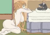breasts drawing gentle nude bleach color long_hair butt bed love sitting kneeling shrunken_man kurosaki_ichigo orihime_inoue folded_sheets