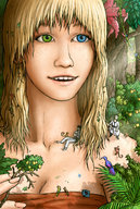 drawing gentle giantess blonde color felarya forest freckles birds snake_girl on_shoulder heterochromia string-fountain monkeys fiona thas_voidfingers ramtov_telekline