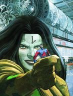 drawing black_hair color blue_eyes handheld superhero gloves asian mask fist costume cape pain gears atom looking_at_tiny dc_comics clock mechanism ladrohn lady_chronos ryan_choi
