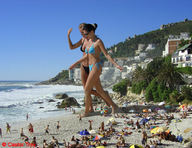 giantess collage blonde black_hair long_hair swimsuit beach barefoot water walking sunglasses giantesses caster_troy