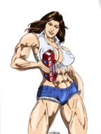 drawing giantess color long_hair handheld jeans brunette brown_eyes muscles bus abs halter_top mariangts no_background