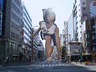 city destruction handheld asian foot_crush tokyo bow hair_bow cheerleader_outfit vehicle_crush looking_at_tiny tokyo_street