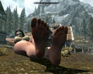 giantess feet barefoot bra brunette lying_down legs shadow farmhouse mountains looking_at_viewer hands_behind_head digital_render pine_trees thatch_roof