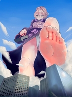 drawing giantess blushing city mega color barefoot yellow_eyes pink_hair kimono rubble looking_down clouds dirty_soles point_of_view imminent_crush iodain