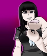 drawing gentle black_hair color long_hair smiling shrunken_man between_fingers looking_at_tiny bumblebambi ai_tanaka