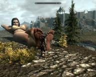 giantess feet swimsuit toes barefoot lying_down navel mountains looking_at_feet adventurer digital_render shrubs pine_trees castle_wall stone_path towers
