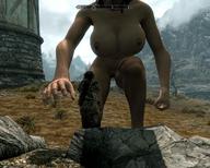 breasts nipples giantess nude armor reaching mountains rocks adventurer digital_render castle_wall crouching_down