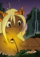 drawing gentle giantess furry sleeping blonde color waterfall sitting tattoo trees stars cliff knees lantern watching_over