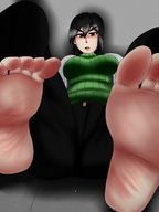 drawing giantess feet black_hair color toes barefoot red_eyes lying_down looking_down bumblebambi