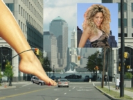 giantess collage city blonde toes barefoot buildings smiling foot_crush shakira looking_down streets vehicles sky curly_hair pedicure