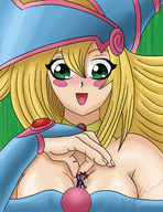 drawing gentle blushing blonde color green_eyes smiling shrunken_man between_fingers dark_magician_girl micromike yugi_mutou yu-gi-oh! between_breasts