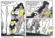 drawing comic monochrome black_hair long_hair swimsuit multiple_giantesses barefoot cleavage story mini_giantess muscles walking giantesses captured costume trees