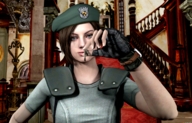 breasts blue_eyes handheld gloves short_hair shrunken_man jill_valentine resident_evil between_fingers mansion looking_at_tiny digital_render beret regts92 police_officer
