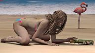 blonde swimsuit beach barefoot ocean smiling crawling shrunken_man looking_down inside_bottle drcreep digital_render flamingo