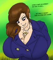 drawing gentle color cleavage huge_breasts brunette purple_eyes love shrunken_man looking_down necklace verrukaiser between_breasts