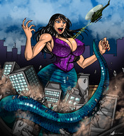 drawing giantess tail city black_hair destruction blue_eyes cleavage helicopter anime open_mouth snake_girl looking_at_tiny osmar-shotgun