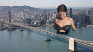 breasts giantess collage city mega bridge water brunette smiling looking_down vehicles harbour san_francisco intershrinker looking_at_tiny anna_kendrick transamerica_pyramid