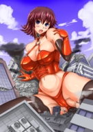 drawing giantess panties city color destruction blue_eyes cleavage stockings gloves red_hair navel sky corset tomahawk