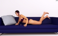 panties butt barefoot cleavage bra underwear lying_down short_hair legs shrunken_man naked_man manicure pillows looking_at_viewer sofa digital_render jamesmason0