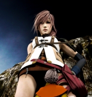 low_angle pink_hair shrunken_man mountains looking_up lightning final_fantasy_xiii looking_at_tiny regts92 hope_estheim looking_at_down