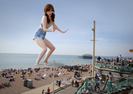 giantess collage beach ocean brunette sky careful docop beach_goers looking_at_tiny anna_kendrick