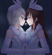 drawing giantess earth space color planet ochiko_terada anime gloves dress lesbians eating giantesses stars holding_hands necklaces hats looking_at_tiny cosmic_giantess