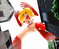 breasts drawing giantess pussy city blonde color swimsuit blue_eyes anime gloves apricot_garden looking_down point_of_view looking_at_viewer
