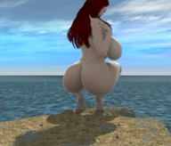 breasts growth giantess nude giga city butt barefoot ocean huge_breasts red_hair crouching red_nails looking_back digital_render roseuslupus