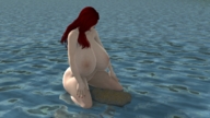 breasts growth giantess nude giga barefoot ocean huge_breasts red_hair looking_down crouching red_nails digital_render roseuslupus
