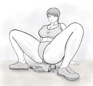 drawing giantess monochrome destruction cleavage butt_crush underwear sitting looking_down vehicles thighs slippers yamumil