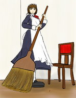 drawing micro color brunette brown_eyes short_hair uniform shrunken_man looking_down maid_uniform chair broom yamumil sweeping