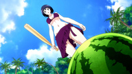 drawing color cleavage bra anime navel shorts jungle shrunken_man looking_down standing sky palm_trees baseball_bat sarong watermelon