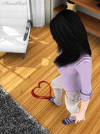 crush black_hair long_hair blood socks foot_crush heart running shrunken_woman shrunken_man looking_down cruel sorenzer0 looking_at_tiny digital_render