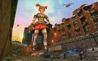 giantess city destruction skirt helicopter shoes stockings red_hair ponytail bus looking_down streets vehicles red_skirt looking_at_tiny digital_render bandaid destroyed_street in_the_street