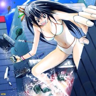 drawing giantess city black_hair color long_hair swimsuit destruction cleavage helicopter anime tank omc smiling debris missile