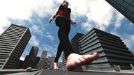 giantess white_hair feet city large_breasts barefoot buildings harley_quinn walking black_pants raised_foot upwards_angle looking_straight crushguy05