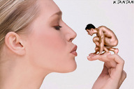 gentle collage blonde kneeling kissing shrunken_man naked_man ktantan no_background lookong_each_other