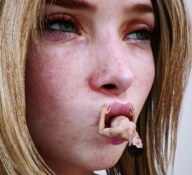 nude vore blonde mouth green_eyes shrunken_man sucking nose digital_render flagg3d
