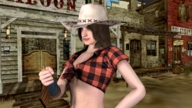 gentle handheld cleavage brunette navel cowgirl belly shrunken_woman cowboy_hat looking_at_tiny digital_render saloon crop_top western_town