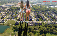 giantess collage mega blonde long_hair butt destruction water high_heels buildings brunette legs shorts giantesses streets vehicles houses trees suburbia looking_forward giantess_lover45 holding_ass raised_arm