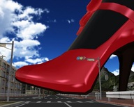 giantess mega high_heels buildings foot_crush running shrinking_man red_heels raised_foot imminent_crush city_streets digital_render