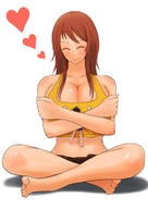drawing gentle color barefoot cleavage anime smiling red_hair love shorts shrunken_man hugging shirt embrace no_background between_breasts