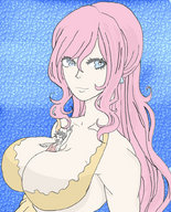 drawing gentle color blue_eyes cleavage huge_breasts red_hair shrunken_man looking_at_viewer blue_background peace_sign between_breasts