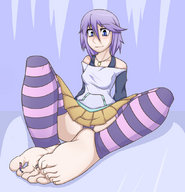 drawing giantess feet color blue_eyes toes barefoot purple_hair pantyshot sitting foot_play between_feet rosario_vampire jj-psychotic looking_at_tiny mizore_shirayuki