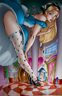 breasts drawing growth nipples blonde color butt blue_eyes high_heels stockings dress alice_in_wonderland hair_bow looking_at_viewer bending_down looking_at_tiny campbell alice