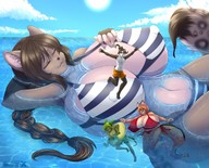 drawing tail color swimsuit cleavage ocean huge_breasts multiple_sizes ponytail swimming cat_girl floating suika-x inner_tube